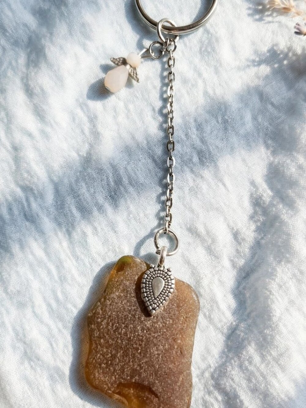 Brown Sea Glass Guardian Angel Keychain Handmade